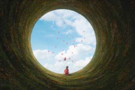Young boy sitting in fantasy landscape. 3D generated image. Young boy sitting in fantasy landscape. 3D generated image.